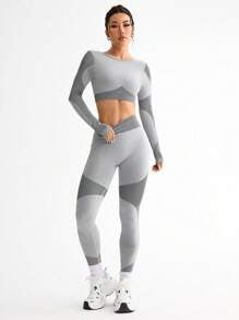 Contrast Color Splice Cropped Top And Leggings Sports Set