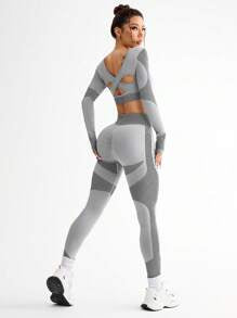 Contrast Color Splice Cropped Top And Leggings Sports Set