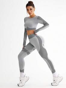 Contrast Color Splice Cropped Top And Leggings Sports Set