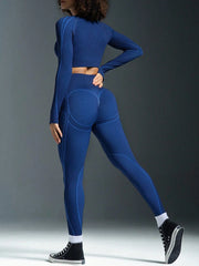 Seamless Round Neck Long Sleeve Cropped Top & Leggings Sports Set
