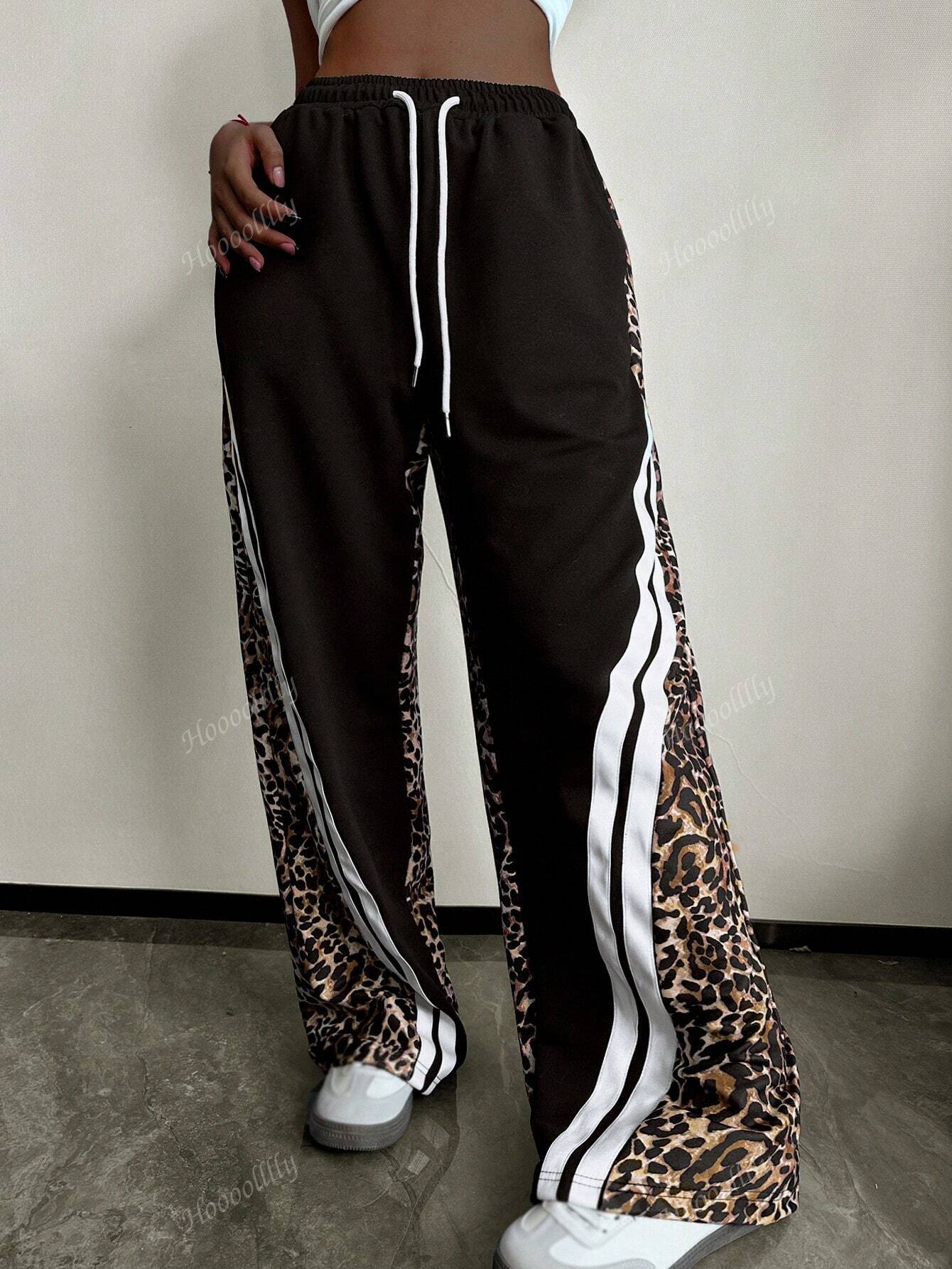 Leopard Print Stripes Loose Lace-Up Trousers