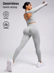 Solid Color Crew Neck Long Sleeve Simple Top And Long Pants Set