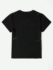 Cat Letter Print Round Neck Short Sleeve T-Shirt