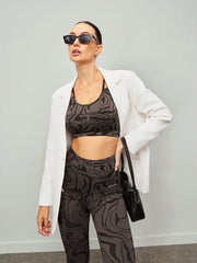 Seamless Full-Print Round Neck Criss-Cross Back Sport Bra and Elastic Waist Pants Sports Set