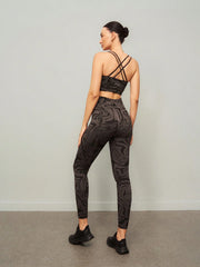 Seamless Full-Print Round Neck Criss-Cross Back Sport Bra and Elastic Waist Pants Sports Set