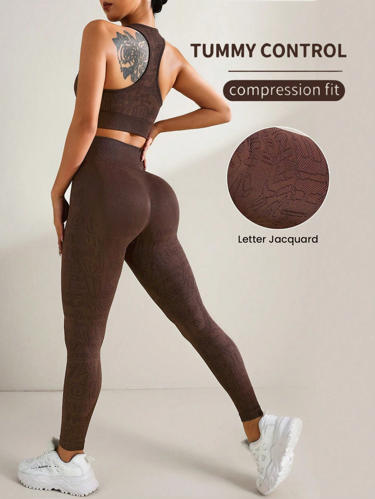 Coffee Color Letter Print Sports Bra And Leggings Set