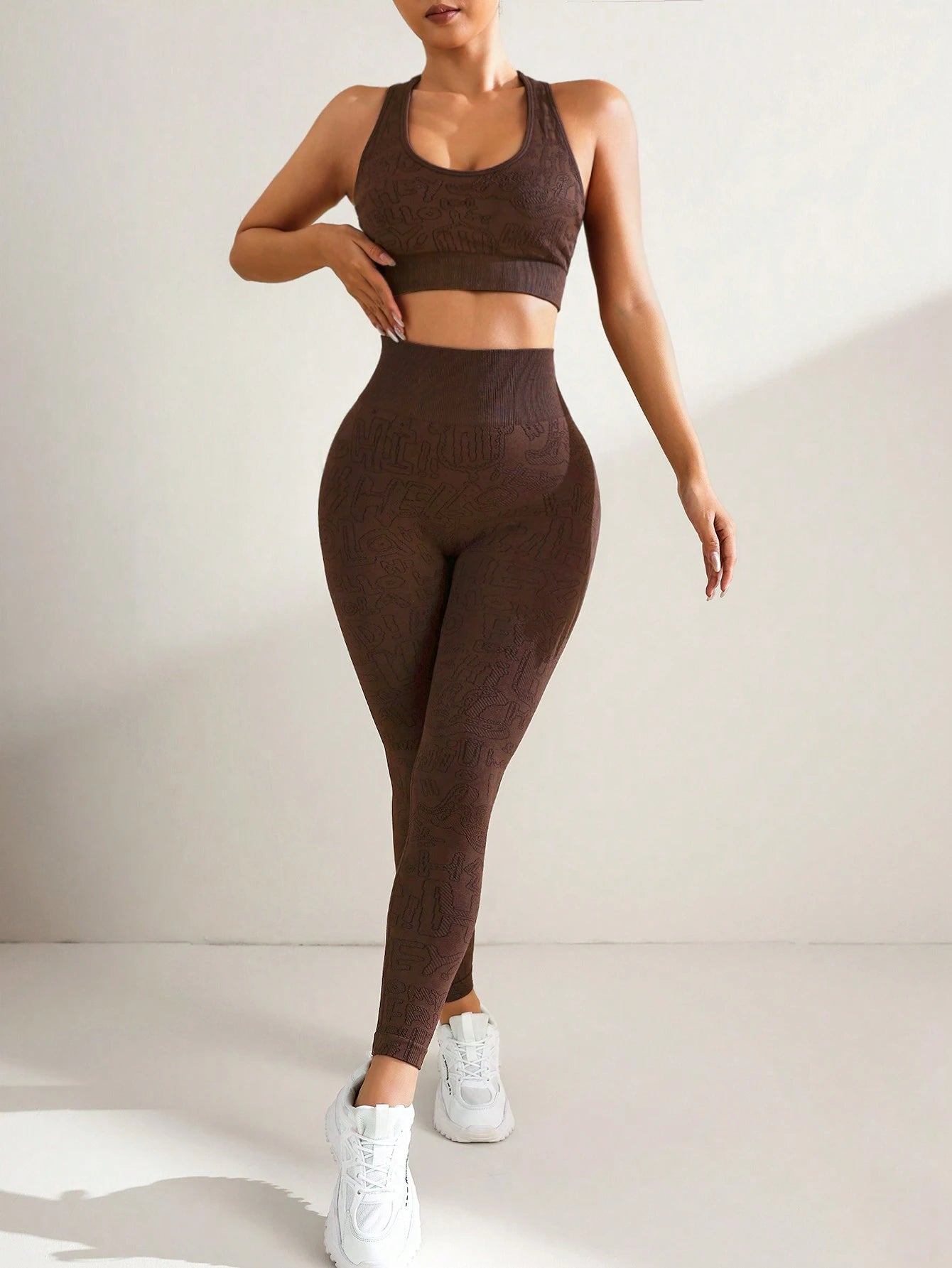 Coffee Color Letter Print Sports Bra And Leggings Set