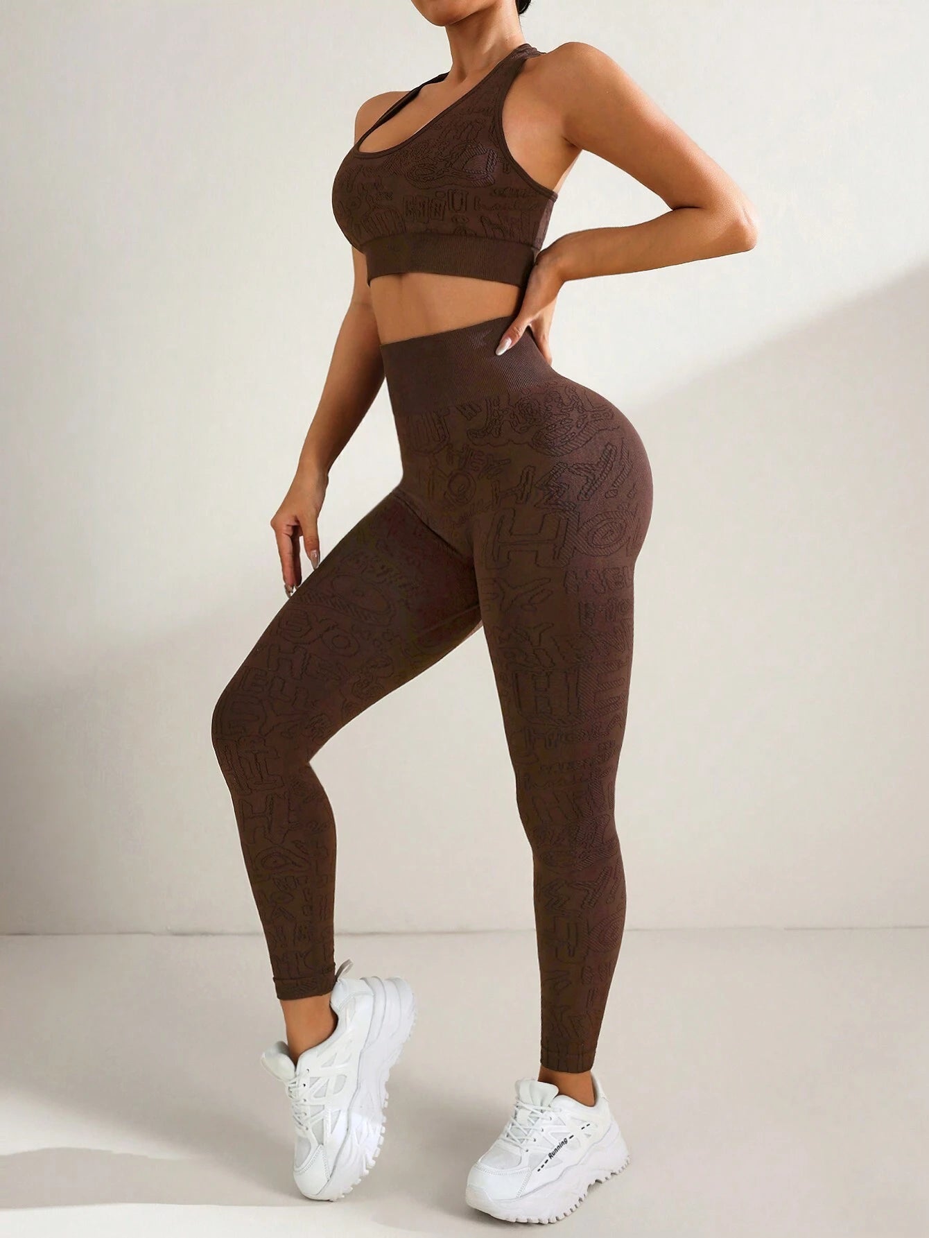 Coffee Color Letter Print Sports Bra And Leggings Set