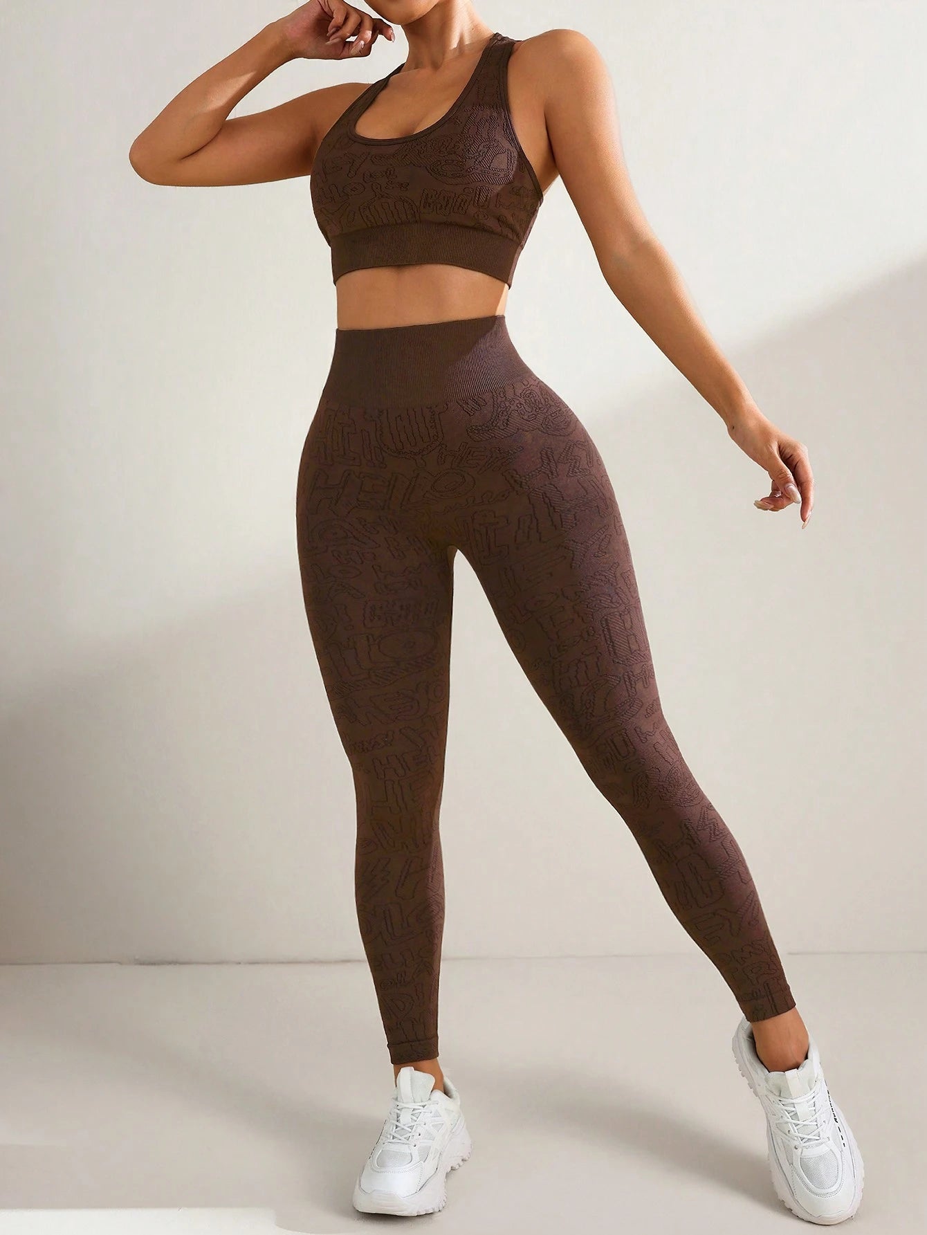 Coffee Color Letter Print Sports Bra And Leggings Set