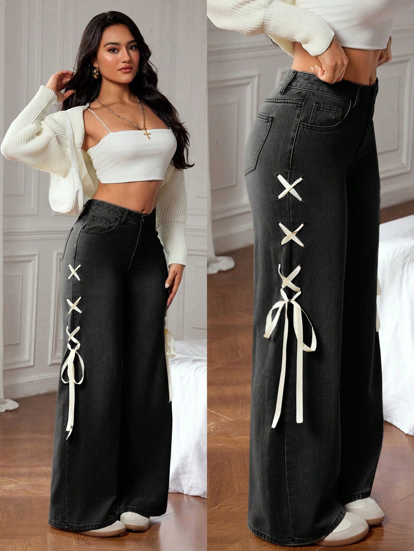Loose Fit Side Tie Pocket Design Wide Leg Jeans