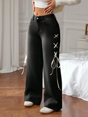 Loose Fit Side Tie Pocket Design Wide Leg Jeans