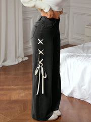 Loose Fit Side Tie Pocket Design Wide Leg Jeans
