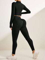 Front Zipper Long Sleeve Solid Color Top And Long Pants Seamless Sports Set