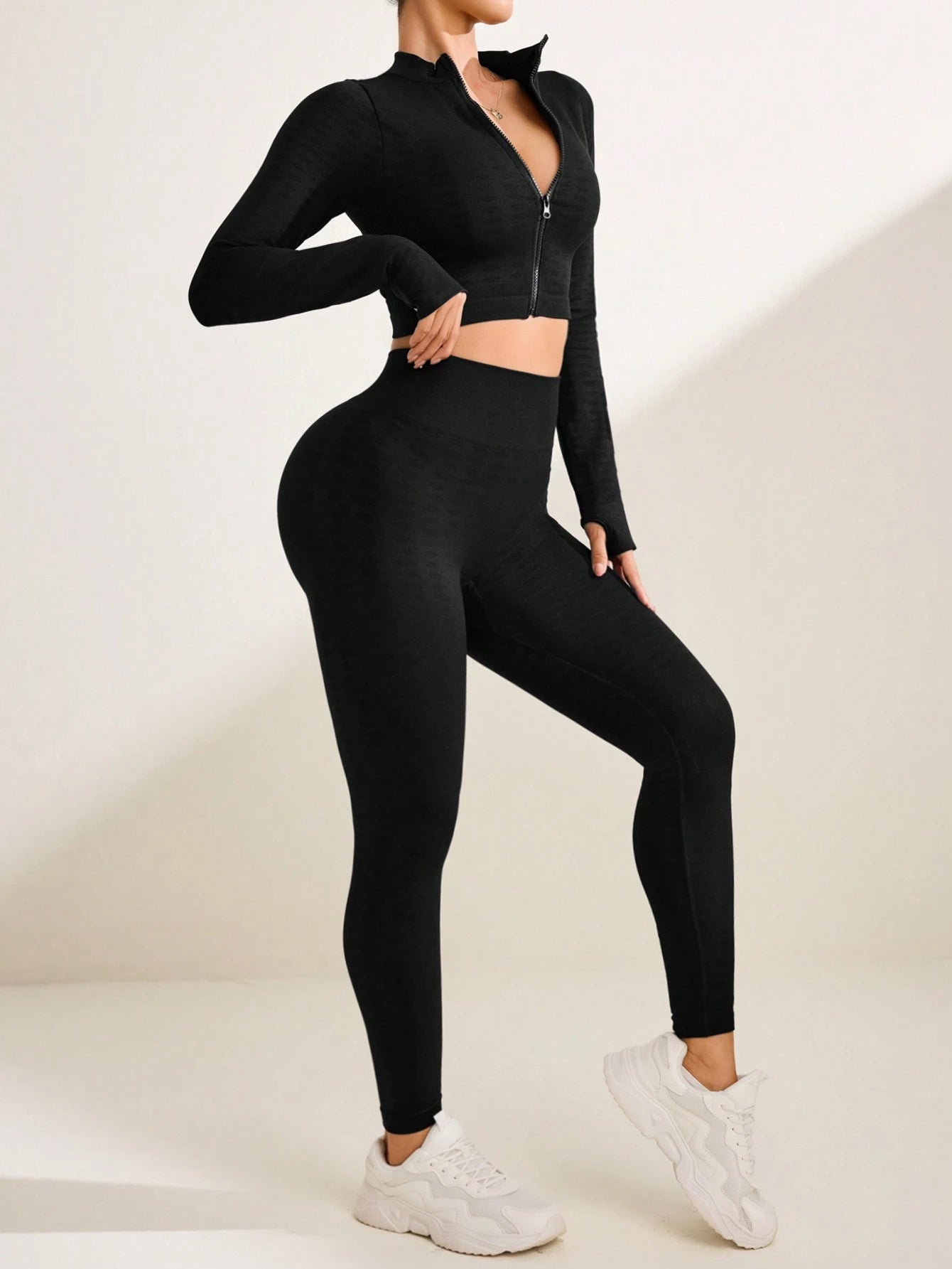 Front Zipper Long Sleeve Solid Color Top And Long Pants Seamless Sports Set