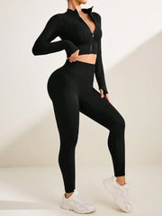 Front Zipper Long Sleeve Solid Color Top And Long Pants Seamless Sports Set