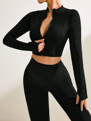 Front Zipper Long Sleeve Solid Color Top And Long Pants Seamless Sports Set