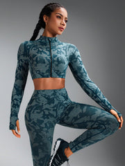 Elastic Seamless Front Zipper Cropped Top And Leggings Sports Set