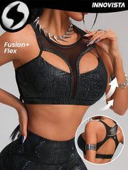 Breathable Mesh Cut Out & High Elastic Sparkle Faux Leather Activewear Sports Bra