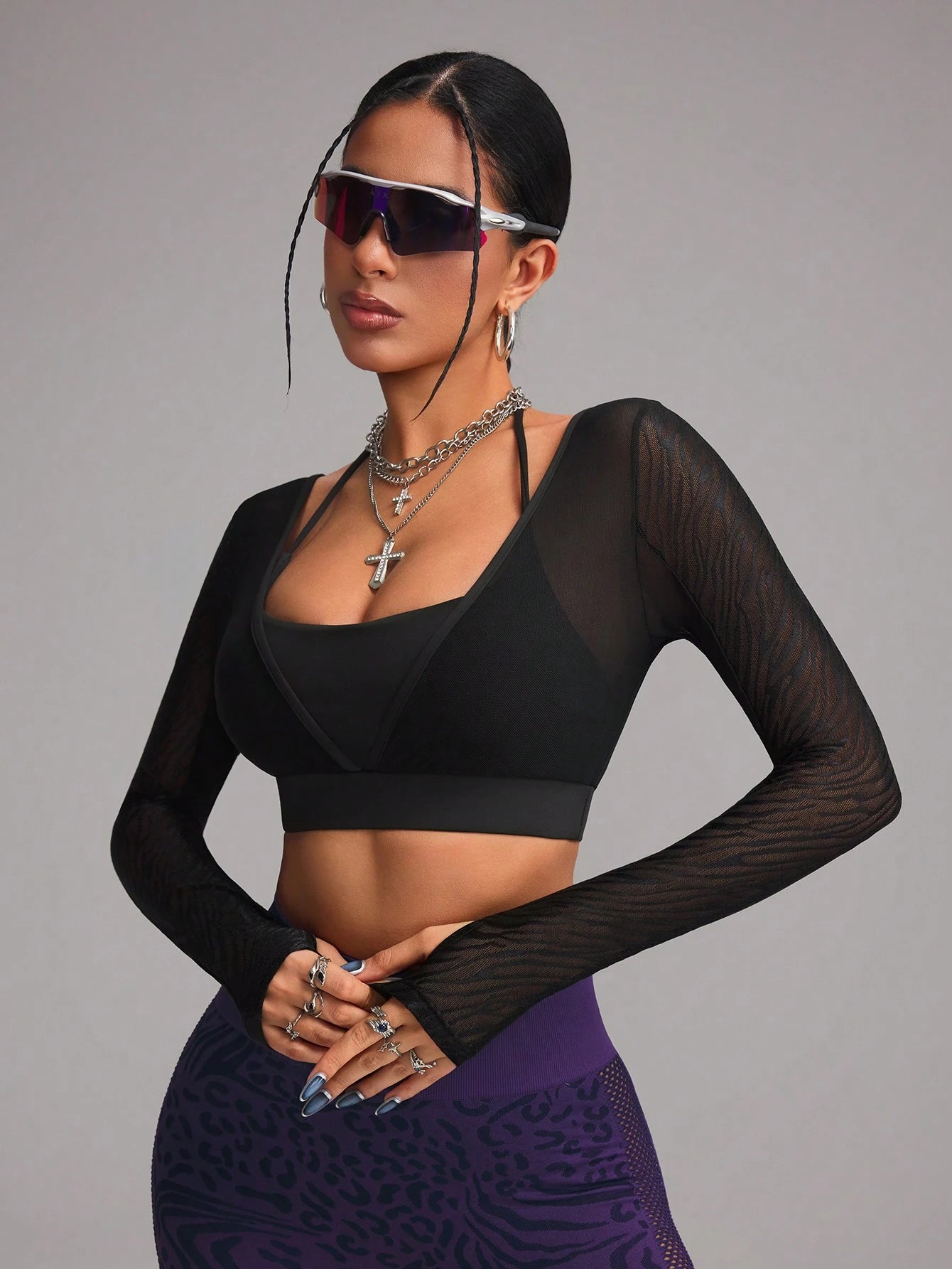 High Elastic Backless Breathable Mesh Cut Out Cropped Long Sleeve Sports T-shirt