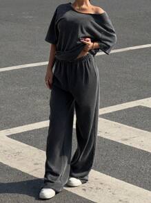 Loose Asymmetric Neck Top And Wide Leg Pant