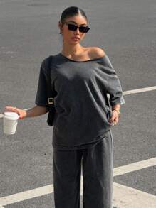 Loose Asymmetric Neck Top And Wide Leg Pant