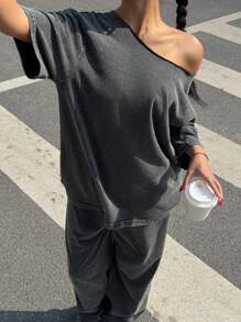 Loose Asymmetric Neck Top And Wide Leg Pant