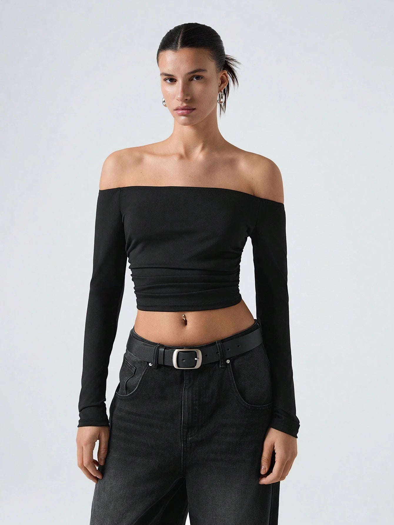 Off-Shoulder Ruffled Cropped T-Shirt