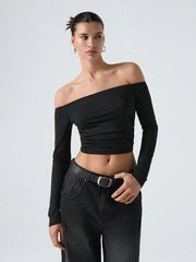 Off-Shoulder Ruffled Cropped T-Shirt