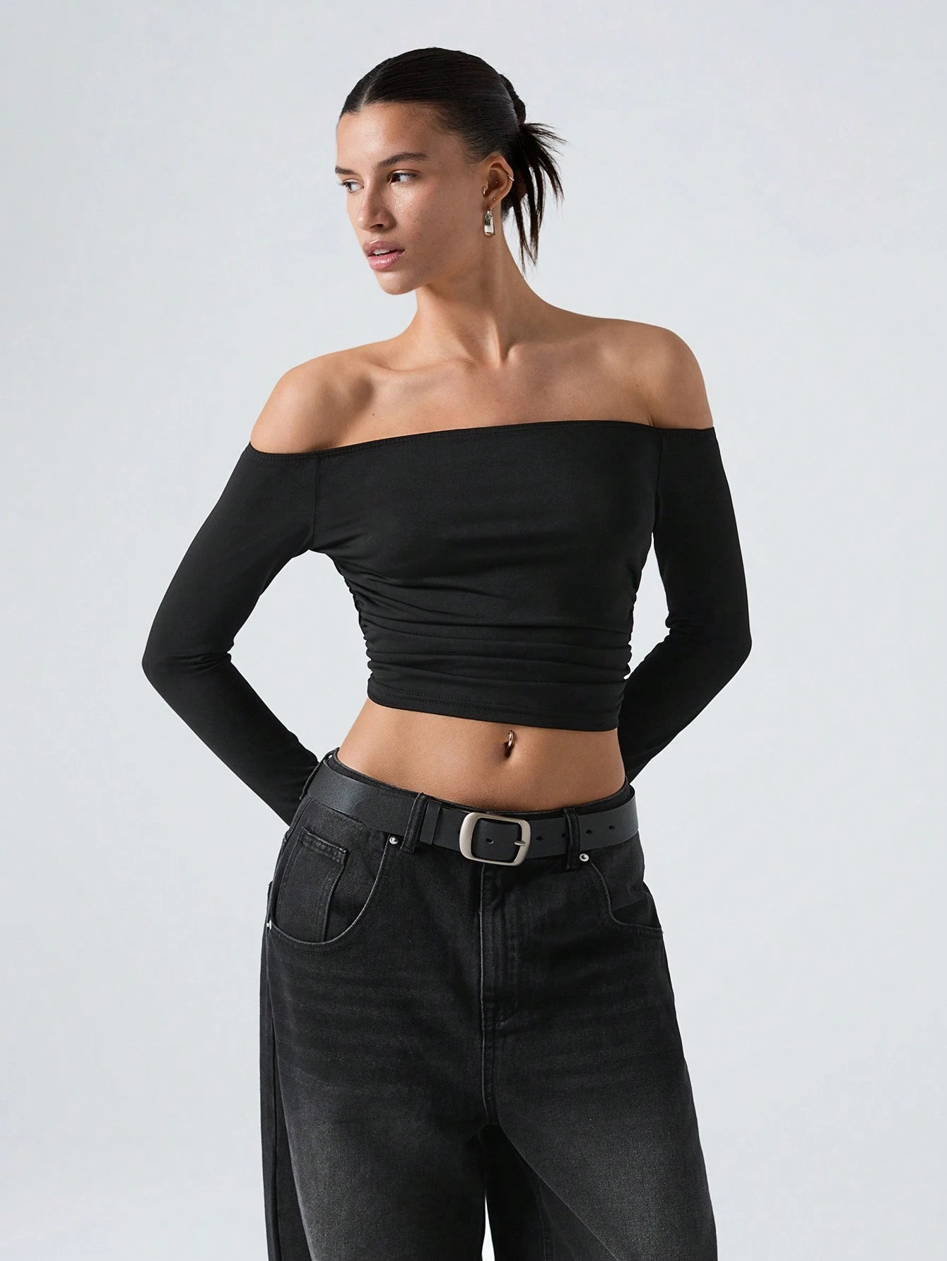 Off-Shoulder Ruffled Cropped T-Shirt