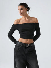 Off-Shoulder Ruffled Cropped T-Shirt