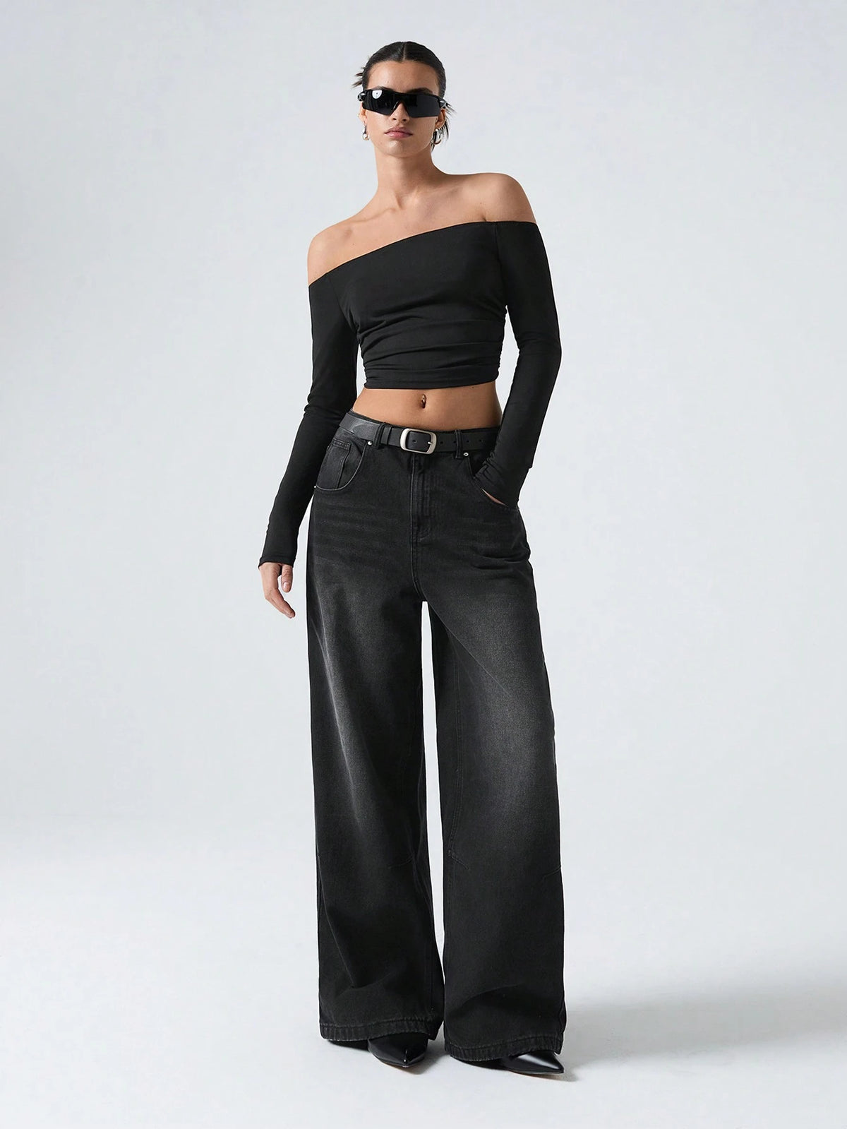 Off-Shoulder Ruffled Cropped T-Shirt