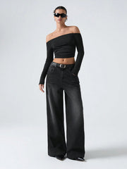 Off-Shoulder Ruffled Cropped T-Shirt