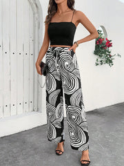 Versatile Line Print Elastic Waist Wide Leg Pants