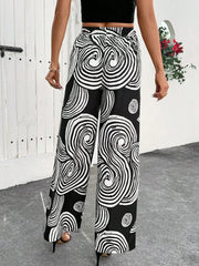 Versatile Line Print Elastic Waist Wide Leg Pants