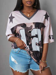 Loose Camo Numeric Print Mesh T-Shirt