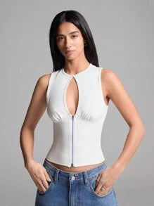 Color block Plain Cutout Zipper Front Tank Top