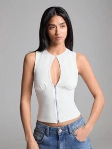 Color block Plain Cutout Zipper Front Tank Top