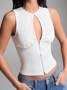 Color block Plain Cutout Zipper Front Tank Top