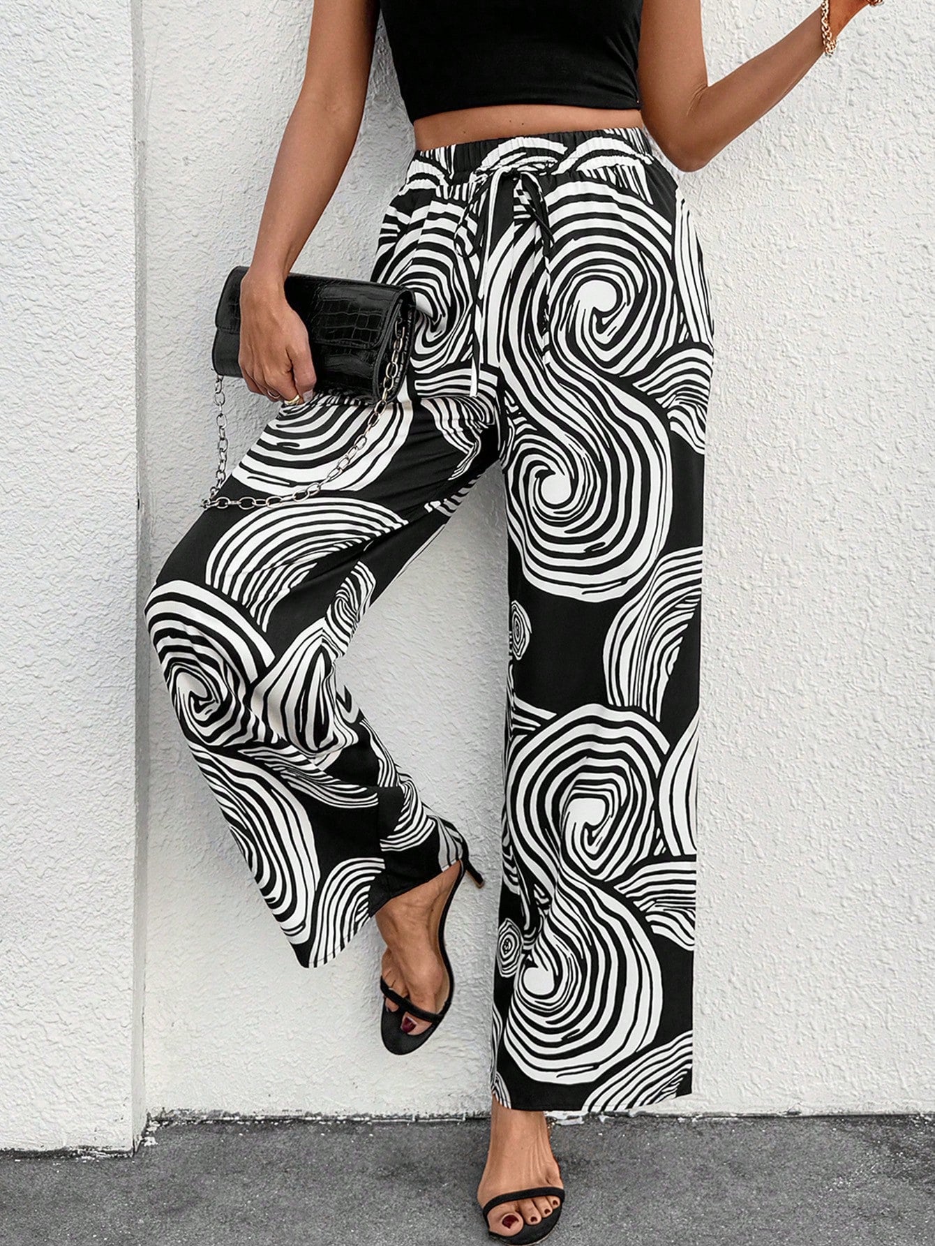 Versatile Line Print Elastic Waist Wide Leg Pants