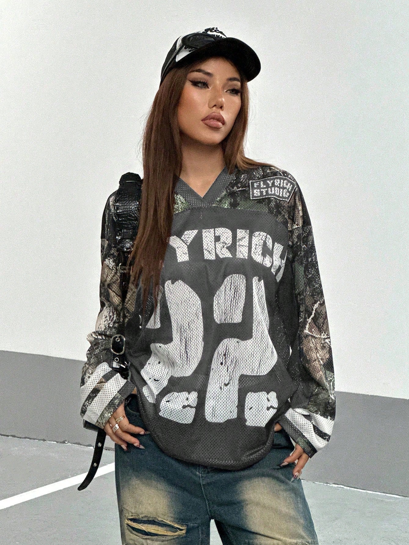 Leaf Print Patchwork Letter And Number V-Neck Long Sleeve T-Shirt