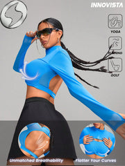 High Elastic Hollow Out Breathable Backless Cropped- Long Sleeve Sports Tshirt
