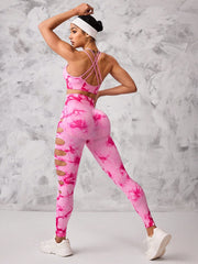 Breathable Crisscross Sports Bra Strap Mesh Panels Pants Floral Print Seamless Workout Set