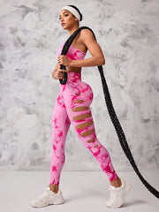 Breathable Crisscross Sports Bra Strap Mesh Panels Pants Floral Print Seamless Workout Set