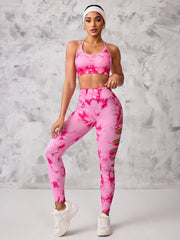 Breathable Crisscross Sports Bra Strap Mesh Panels Pants Floral Print Seamless Workout Set