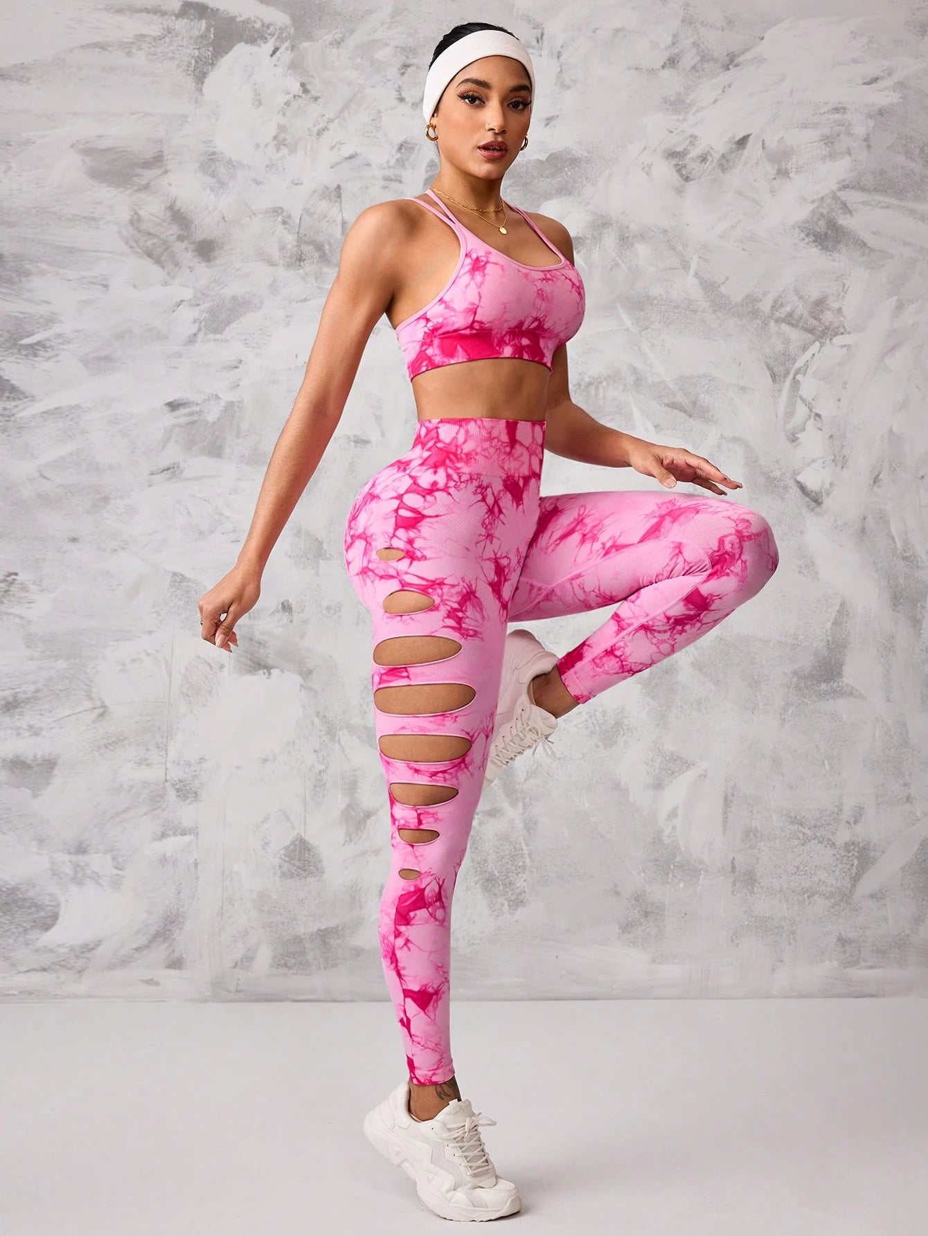 Breathable Crisscross Sports Bra Strap Mesh Panels Pants Floral Print Seamless Workout Set