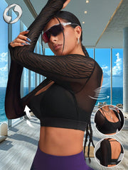 High Elastic Backless Breathable Mesh Cut Out Cropped Long Sleeve Sports T-shirt