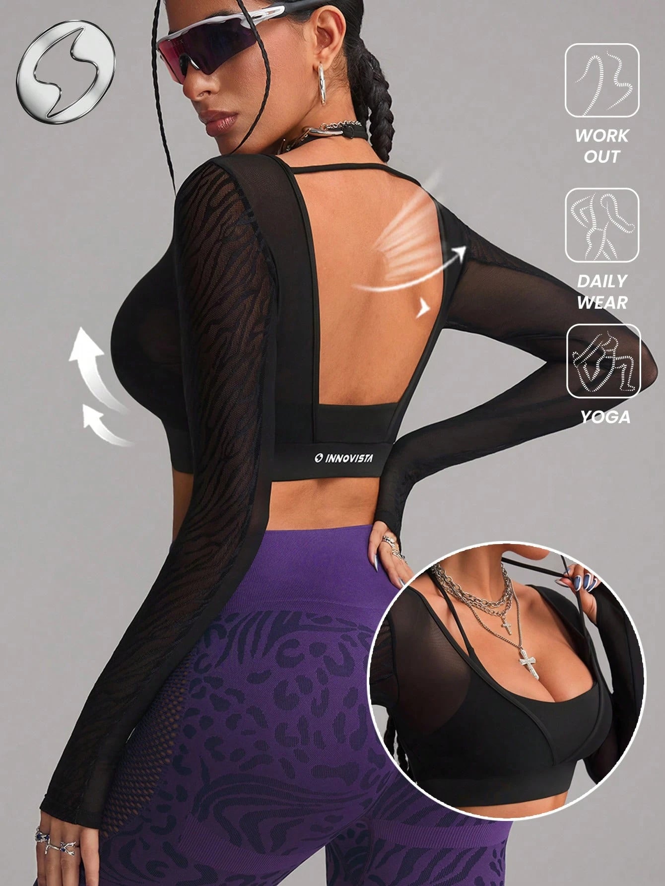 High Elastic Backless Breathable Mesh Cut Out Cropped Long Sleeve Sports T-shirt