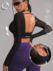 High Elastic Backless Breathable Mesh Cut Out Cropped Long Sleeve Sports T-shirt