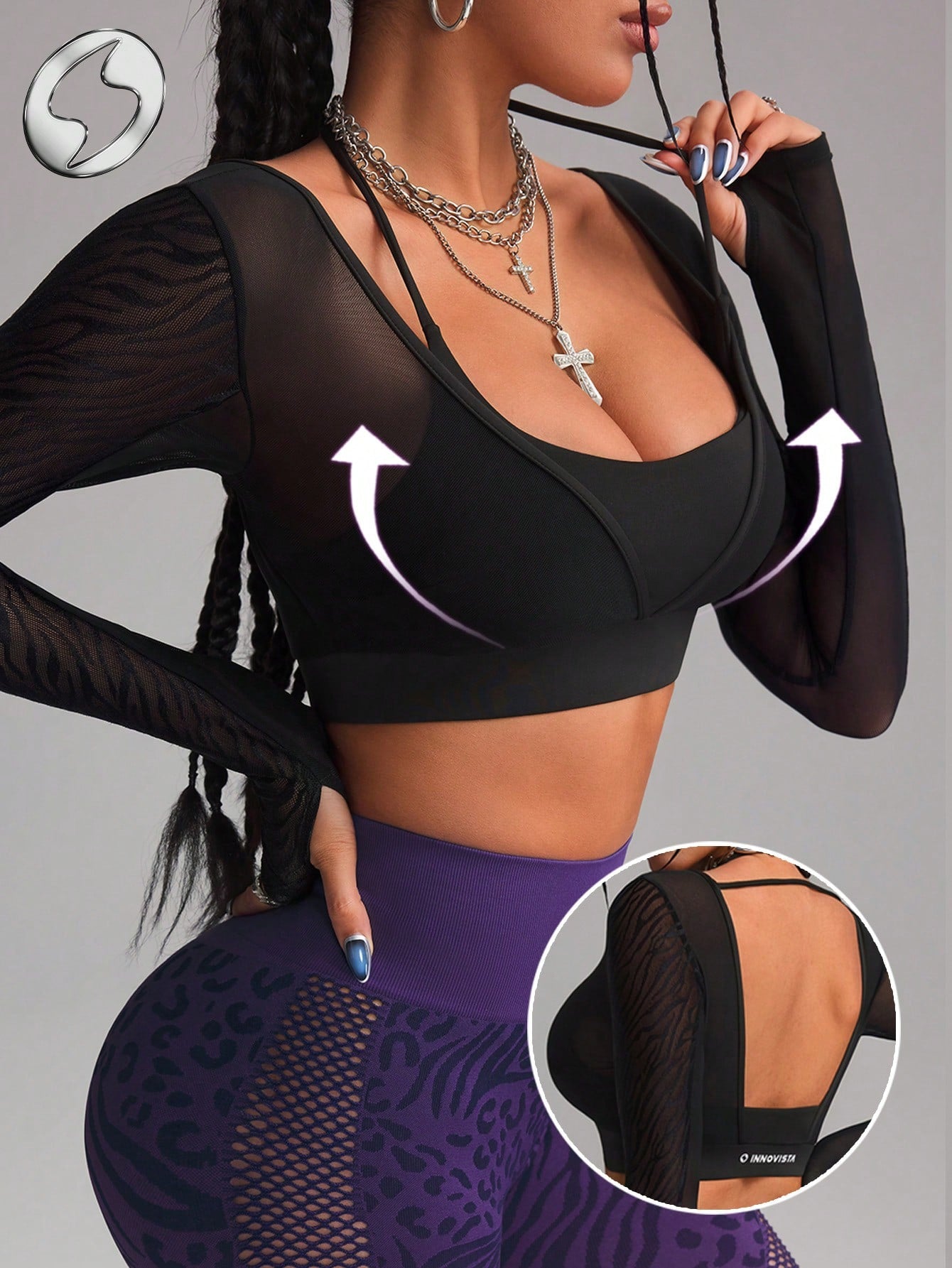 High Elastic Backless Breathable Mesh Cut Out Cropped Long Sleeve Sports T-shirt