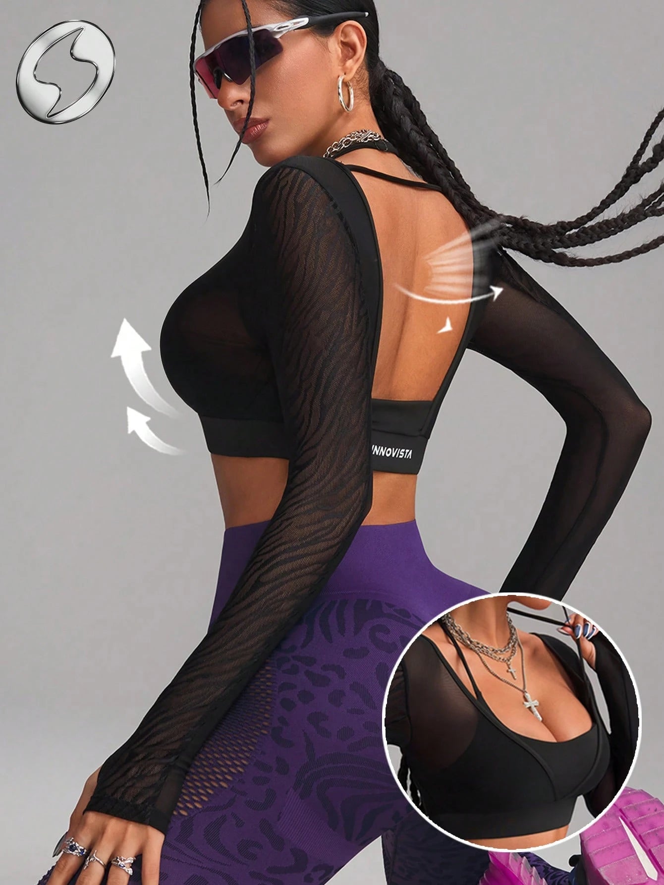 High Elastic Backless Breathable Mesh Cut Out Cropped Long Sleeve Sports T-shirt